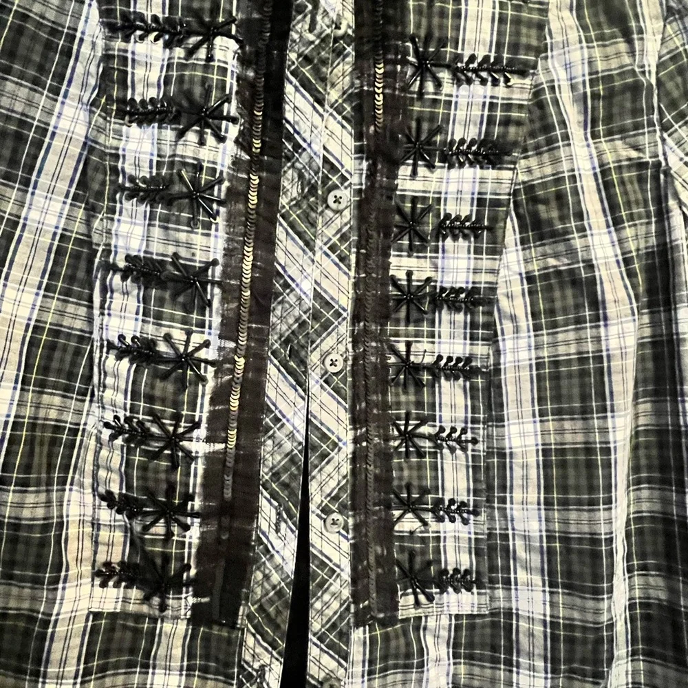 J Crew Dark Green Plaid Top 100% Cotton with Tiny Sequins Detail Size Small